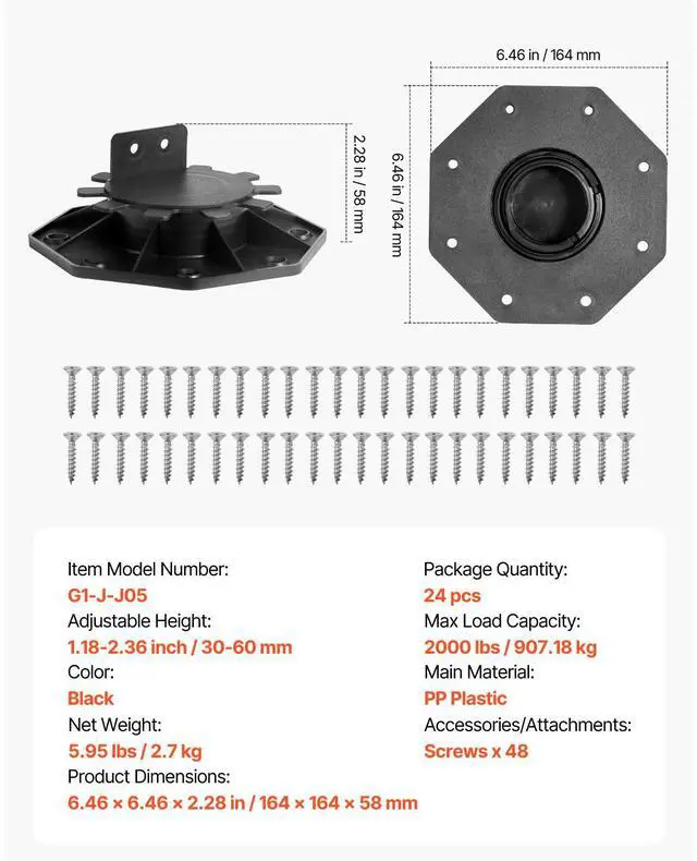 Alt view image 8 of 8 - VEVOR Deck Blocks 24 PCS, 2000lbs / 907.18kg Load Capacity Deck Support Plastic Pedestal Paver, Raising 1.18 - 2.36 inch / 30 - 60 mm, Height Adjustable Shed Foundation Base for Wood Concrete Metal