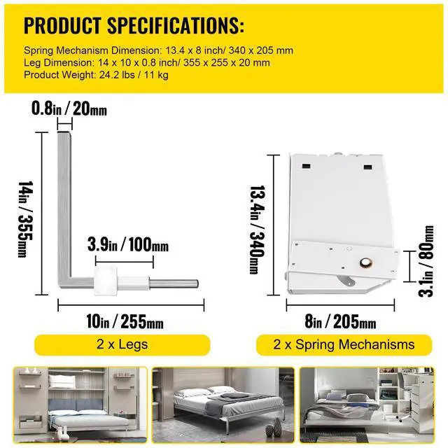 Alt view image 7 of 7 - Murphy Mounting Wall Springs Mechanism Heavy Duty Support Hardware DIY Kit for King Queen Bed (Vertical), White