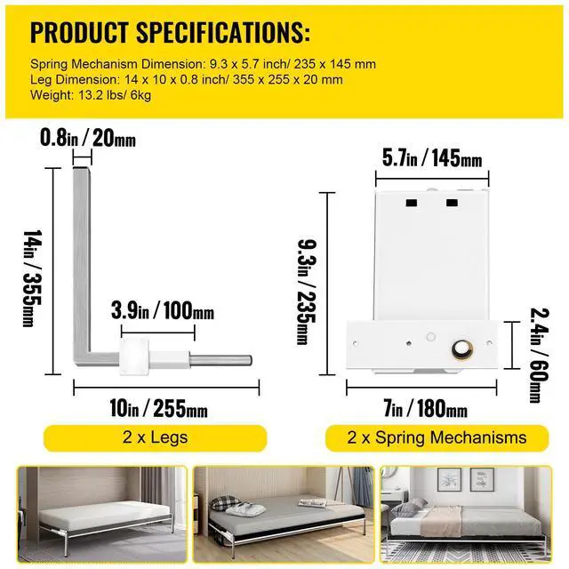 Alt view image 7 of 7 - Murphy Mounting Wall Springs Mechanism Heavy Duty Support Hardware DIY Kit for Queen Twin Size Bed (Horizontal), White
