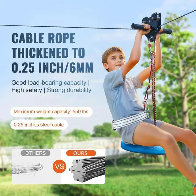 Alt view image 4 of 9 - VEVOR Zipline Kit for Kids and Adult, 80 ft Zip Line Kits Up to 500 lb, Backyard Outdoor Quick Setup Zipline, Playground Entertainment with Stainless Steel Zipline, Spring Brake, Safety Harness, Seat