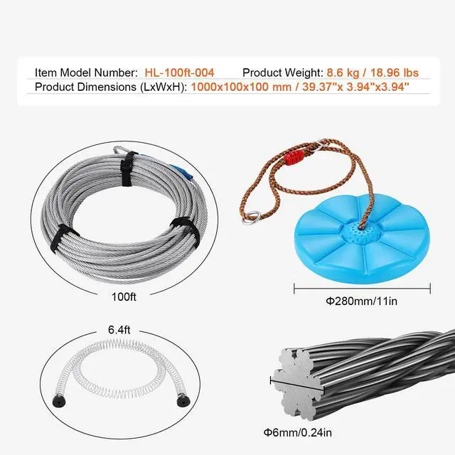 Alt view image 14 of 14 - VEVOR Zipline Kit for Kids and Adult, 100 ft Zip Line Kits Up to 500 lb, Backyard Outdoor Quick Setup Zipline, Playground Entertainment with Stainless Steel Zipline, Spring Brake, Safety Harness, Seat