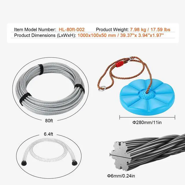 Alt view image 9 of 9 - VEVOR Zipline Kit for Kids and Adult, 80 ft Zip Line Kits Up to 500 lb, Backyard Outdoor Quick Setup Zipline, Playground Entertainment with Stainless Steel Zipline, Spring Brake, Safety Harness, Seat