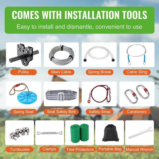 Alt view image 13 of 14 - VEVOR Zipline Kit for Kids and Adult, 100 ft Zip Line Kits Up to 500 lb, Backyard Outdoor Quick Setup Zipline, Playground Entertainment with Stainless Steel Zipline, Spring Brake, Safety Harness, Seat