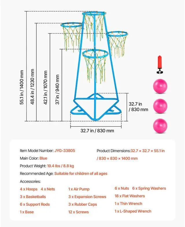 Alt view image 8 of 8 - VEVOR Kids Basketball Hoop, 4-Hoop Child Basketball Hoops, Portable Basketball Stand with Adjustable Heights and 3 Balls, Indoor and Outdoor Basketball Toy Set for Children of All Ages, Boys & Girls