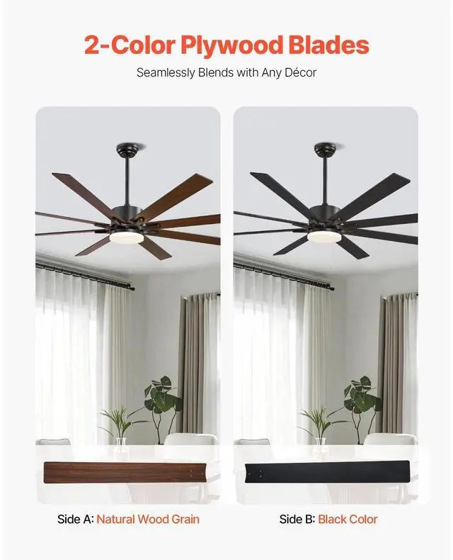 Alt view image 3 of 8 - VEVOR 72 Inch Ceiling Fan with Light, 6-Speed Remote Control, Dimmable 3-Color Temperature, Reversible DC Motor, Modern Low Profile Flush Mount Fan for Bedroom, Living Room, Indoor/Outdoor Use, Black