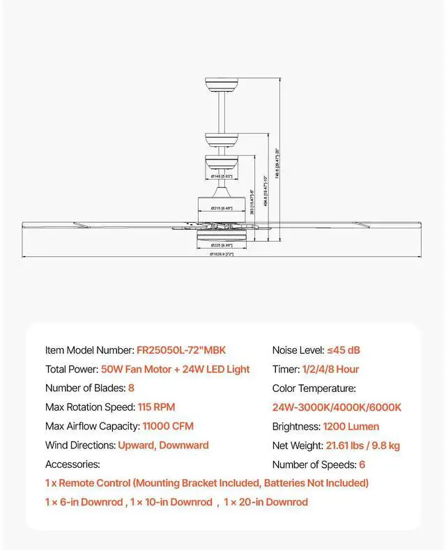 Alt view image 8 of 8 - VEVOR 72 Inch Ceiling Fan with Light, 6-Speed Remote Control, Dimmable 3-Color Temperature, Reversible DC Motor, Modern Low Profile Flush Mount Fan for Bedroom, Living Room, Indoor/Outdoor Use, Black