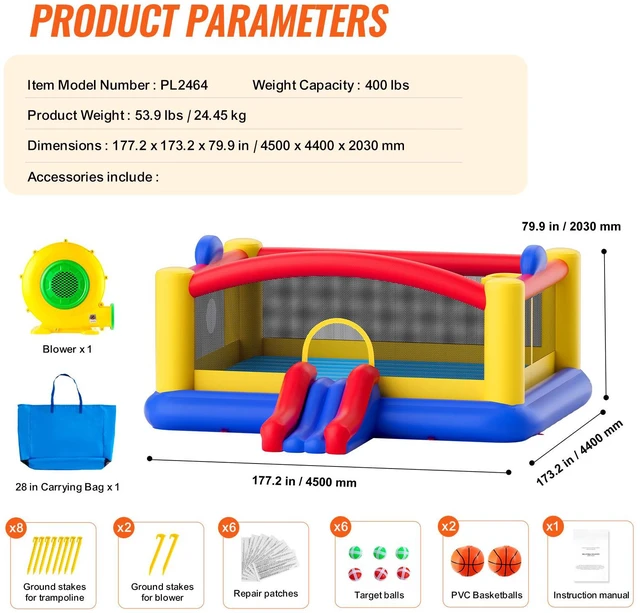 Alt view image 9 of 9 - VEVOR Inflatable Bounce House, Outdoor High Quality Playhouse Trampoline, Jumping Bouncer with Blower, Slide, and Storage Bag, Family Backyard Bouncy Castle, for Kid Ages 310 Years, 177x173x80 inch