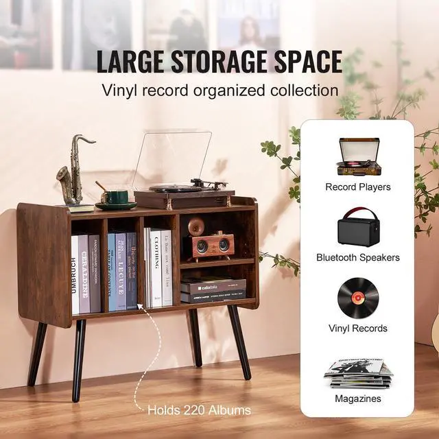 Alt view image 4 of 9 - VEVOR Record Player Stand, Turntable Stand Holds Up to 220 Albums, Vintage Vinyl Record Cabinet with Removable Shelves, Record Player Table with Adjustable Height for Living Room, Bedroom, Brown