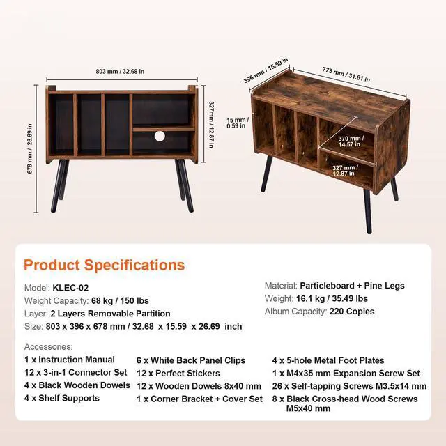 Alt view image 9 of 9 - VEVOR Record Player Stand, Turntable Stand Holds Up to 220 Albums, Vintage Vinyl Record Cabinet with Removable Shelves, Record Player Table with Adjustable Height for Living Room, Bedroom, Brown