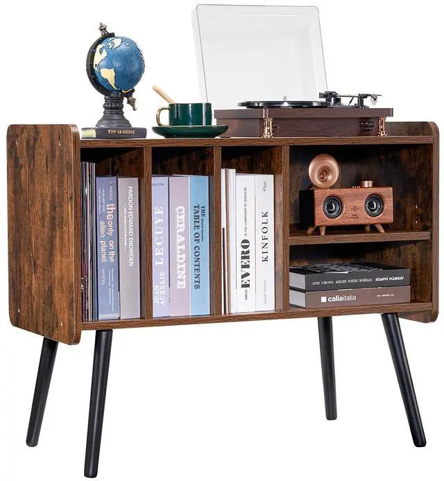 Alt view image 3 of 9 - VEVOR Record Player Stand, Turntable Stand Holds Up to 220 Albums, Vintage Vinyl Record Cabinet with Removable Shelves, Record Player Table with Adjustable Height for Living Room, Bedroom, Brown