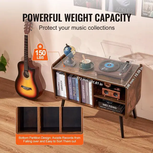 Alt view image 6 of 9 - VEVOR Record Player Stand, Turntable Stand Holds Up to 220 Albums, Vintage Vinyl Record Cabinet with Removable Shelves, Record Player Table with Adjustable Height for Living Room, Bedroom, Brown