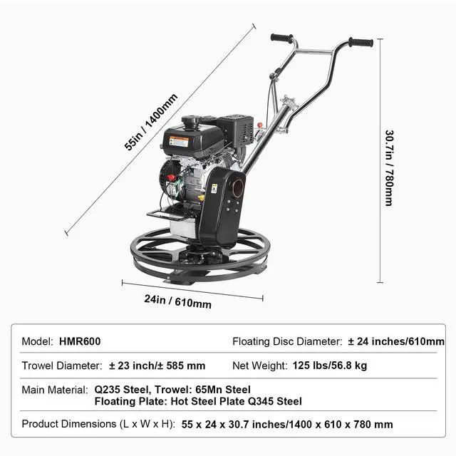 Alt view image 7 of 7 - Power Trowel, 24 Walk-Behind Cement Trowel with Float Pan, 6HP Gas-Powered Smooth Concrete Surface Finisher, Heavy Duty Commercial Screed Concrete Cement with Finishing Blade, Orange