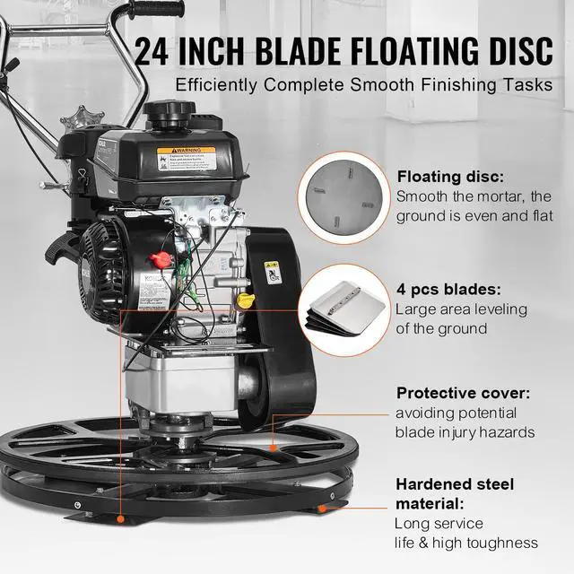 Alt view image 3 of 7 - Power Trowel, 24 Walk-Behind Cement Trowel with Float Pan, 6HP Gas-Powered Smooth Concrete Surface Finisher, Heavy Duty Commercial Screed Concrete Cement with Finishing Blade, Orange