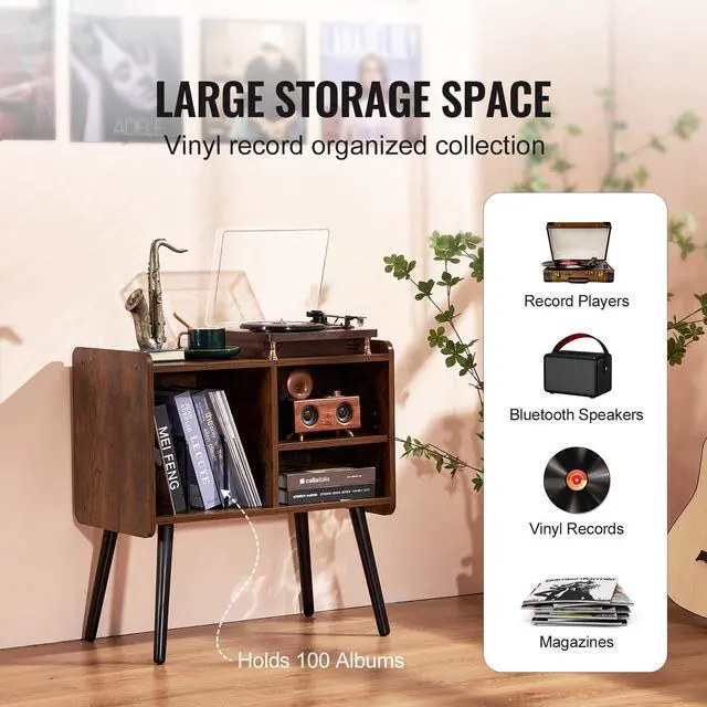 Alt view image 4 of 9 - VEVOR Record Player Stand, Turntable Stand Holds Up to 110 Albums, Vintage Vinyl Record Cabinet with Removable Shelves, Record Player Table with Adjustable Height for Living Room, Bedroom, Brown