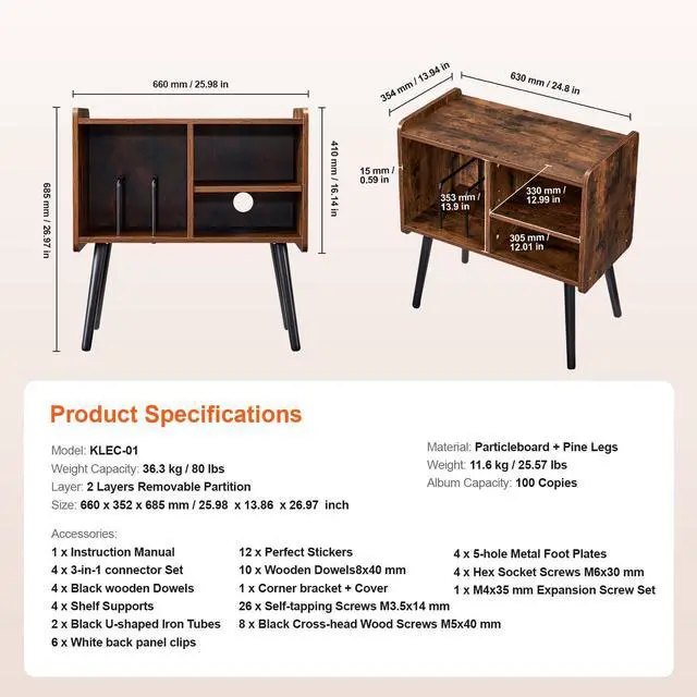 Alt view image 9 of 9 - VEVOR Record Player Stand, Turntable Stand Holds Up to 110 Albums, Vintage Vinyl Record Cabinet with Removable Shelves, Record Player Table with Adjustable Height for Living Room, Bedroom, Brown