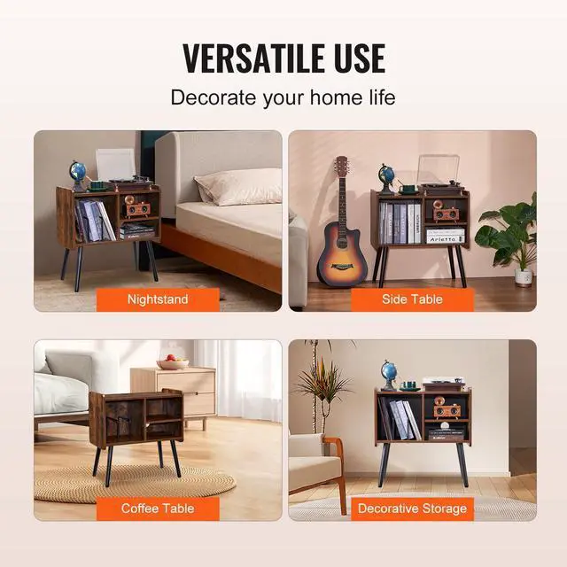 Alt view image 8 of 9 - VEVOR Record Player Stand, Turntable Stand Holds Up to 110 Albums, Vintage Vinyl Record Cabinet with Removable Shelves, Record Player Table with Adjustable Height for Living Room, Bedroom, Brown