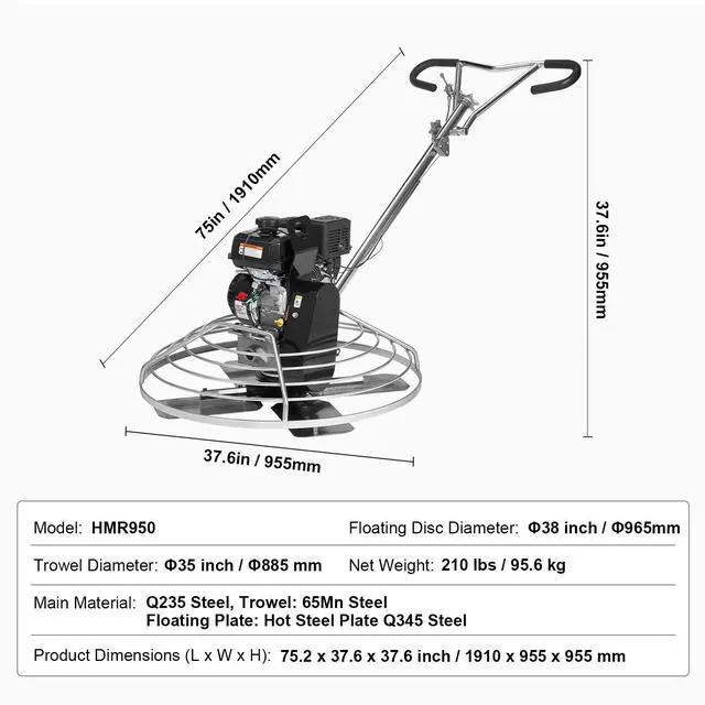 Alt view image 7 of 7 - Power Trowel, 38 Walk-Behind Cement Trowel with Float Pan, 6HP Gas-Powered Smooth Concrete Surface Finisher, Heavy Duty Commercial Screed Concrete Cement with Finishing Blade, Orange