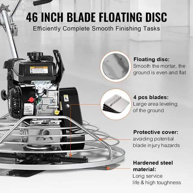 Alt view image 3 of 7 - Power Trowel, 46 Walk-Behind Cement Trowel with Float Pan, 14HP Gas-Powered Smooth Concrete Surface Finisher, Heavy Duty Commercial Screed Concrete Cement with Finishing Blade, Orange