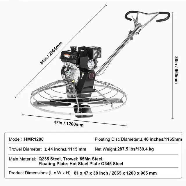 Alt view image 7 of 7 - Power Trowel, 46 Walk-Behind Cement Trowel with Float Pan, 14HP Gas-Powered Smooth Concrete Surface Finisher, Heavy Duty Commercial Screed Concrete Cement with Finishing Blade, Orange