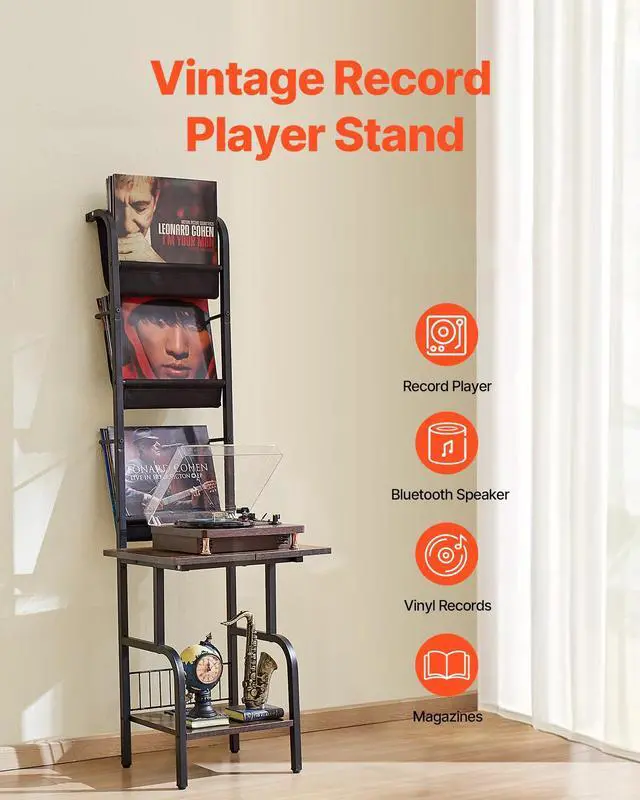Alt view image 9 of 14 - VEVOR 5 Tiers Record Player with LED Light & USB Ports Metal Vinyl Shelf Black