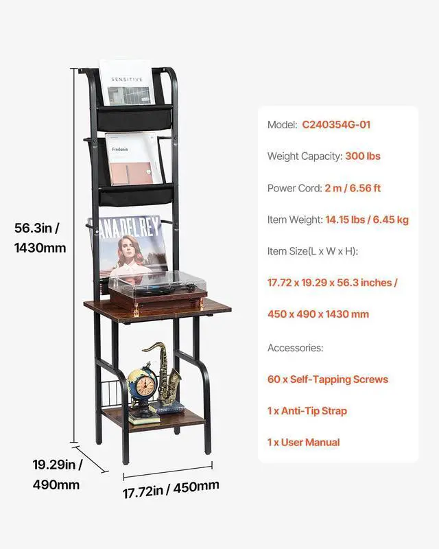 Alt view image 14 of 14 - VEVOR 5 Tiers Record Player with LED Light & USB Ports Metal Vinyl Shelf Black