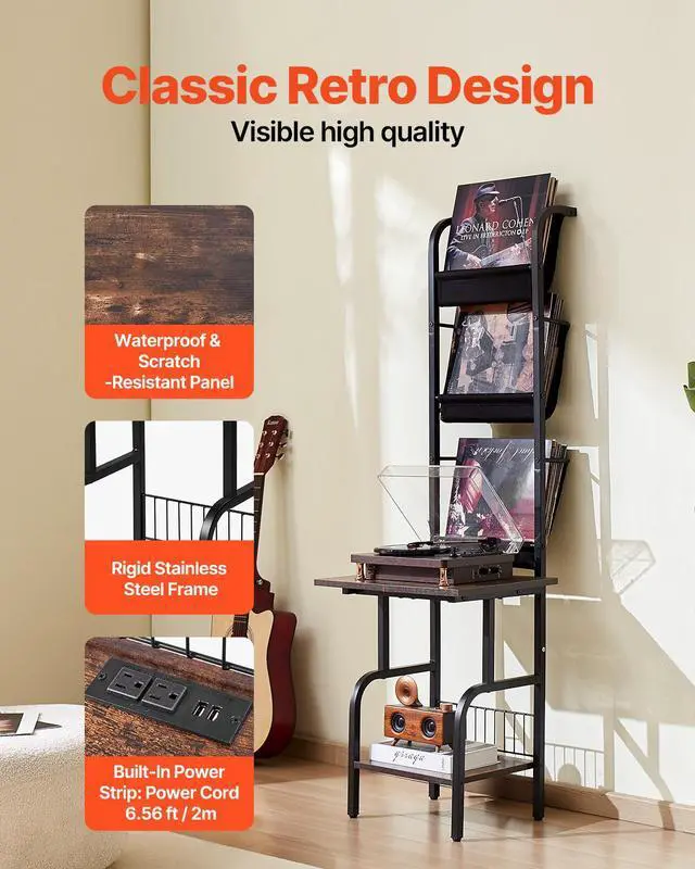 Alt view image 12 of 14 - VEVOR 5 Tiers Record Player with LED Light & USB Ports Metal Vinyl Shelf Black