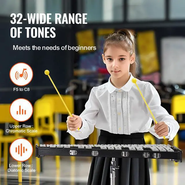 Alt view image 10 of 14 - VEVOR  32 Note Glockenspiel Xylophone Bell Kit, Professional Percussion Instrument Set with Mallets, Drum Sticks, Music Stand,  8" Practice Pad, Adjustable Stand and Carrying Bag for Students & Adults