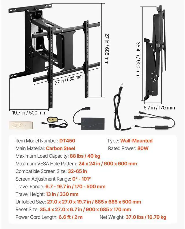 Alt view image 14 of 14 - VEVOR Motorized TV Wall Mount, 32-65 in Electric Fireplace TV Wall Mount Black