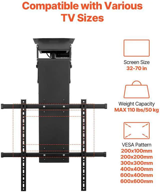 Alt view image 4 of 8 - VEVOR Motorized Ceiling TV Mount, TV Wall Mount for 32 to 70 Inch TV, Electric Adjustable Ceiling TV Mount, Motorized Flip Down TV Mount Bracket with Max VESA 24 x 24 in, Fits TVs Up to 110 lbs