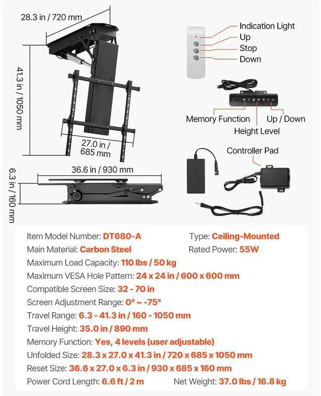 Alt view image 8 of 8 - VEVOR Motorized Ceiling TV Mount, TV Wall Mount for 32 to 70 Inch TV, Electric Adjustable Ceiling TV Mount, Motorized Flip Down TV Mount Bracket with Max VESA 24 x 24 in, Fits TVs Up to 110 lbs