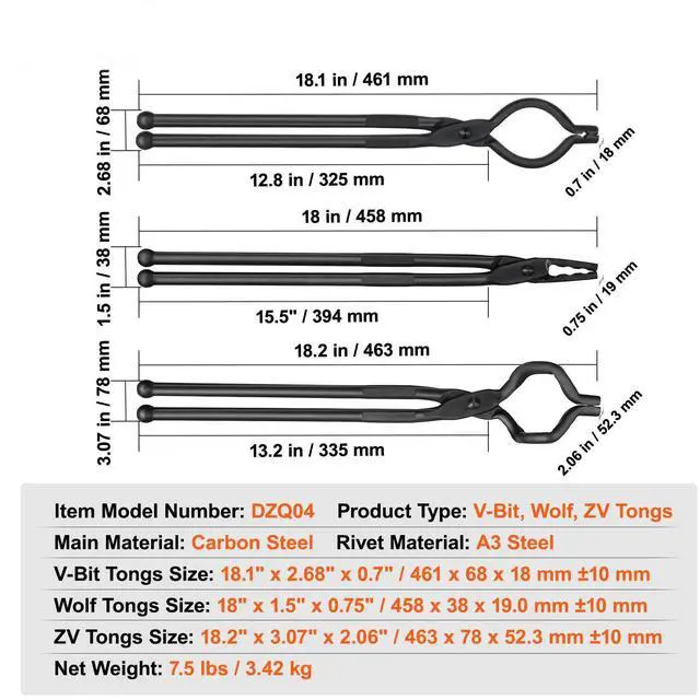Alt view image 14 of 14 - VEVOR Blacksmith Tongs, 18 3 PCS, V-Bit Bolt Tongs, Wolf Jaw Tongs and Z V-Bit Tongs, Carbon Steel Forge Tongs with A3 Steel Rivets, for Beginner and Seasoned Blacksmiths, Bladesmiths and Craftsmen