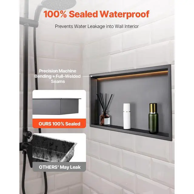 Alt view image 9 of 14 - Shower Niche 13x25x4"Recessed Shelf With LED Strip Stainless Steel