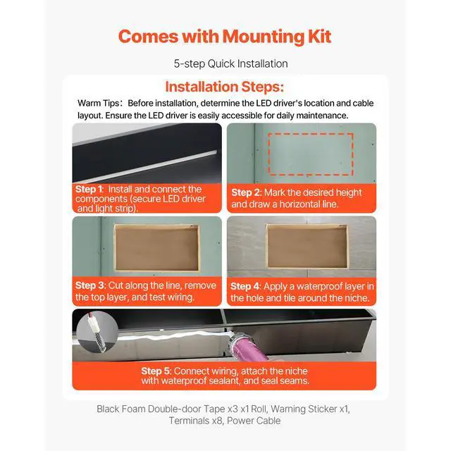 Alt view image 12 of 14 - Shower Niche 13x25x4"Recessed Shelf With LED Strip Stainless Steel