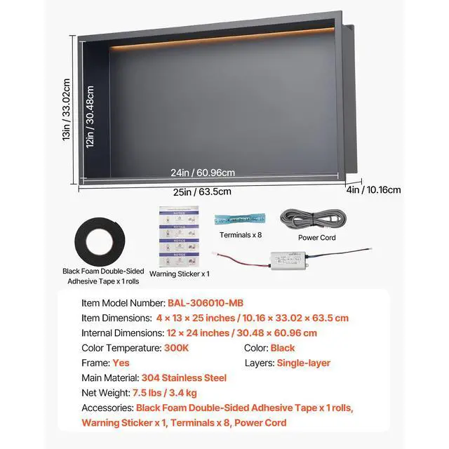 Alt view image 14 of 14 - Shower Niche 13x25x4"Recessed Shelf With LED Strip Stainless Steel