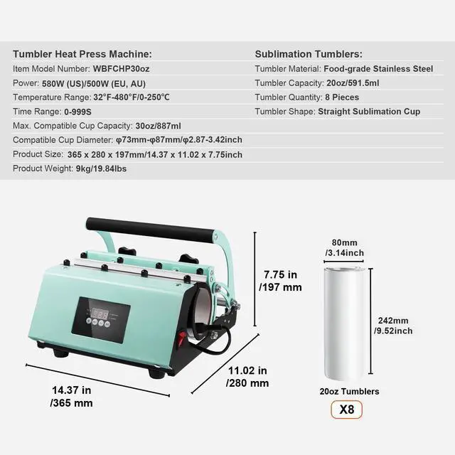 Alt view image 14 of 14 - VEVOR Tumbler Heat Press Machine and Sublimation Tumblers, Tumbler Press Set with 8pcs 20OZ Blank Tumblers, Mug Press Cup Press for 11-30oz Tumblers Mug, with Heat Transfer Paper, Gloves, Tape