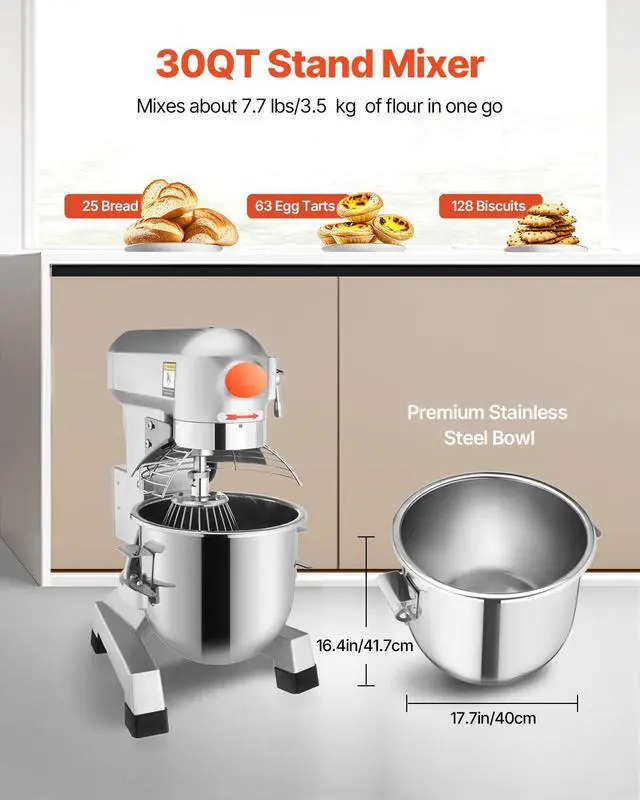 Alt view image 4 of 7 - Commercial Food Mixer 30Qt 1100W 3 Speeds Adjustable 105/180/408 RPM Heavy Duty 110V with Stainless Steel Bowl Dough Hooks Whisk Beater for Schools Bakeries Restaurants Pizzerias
