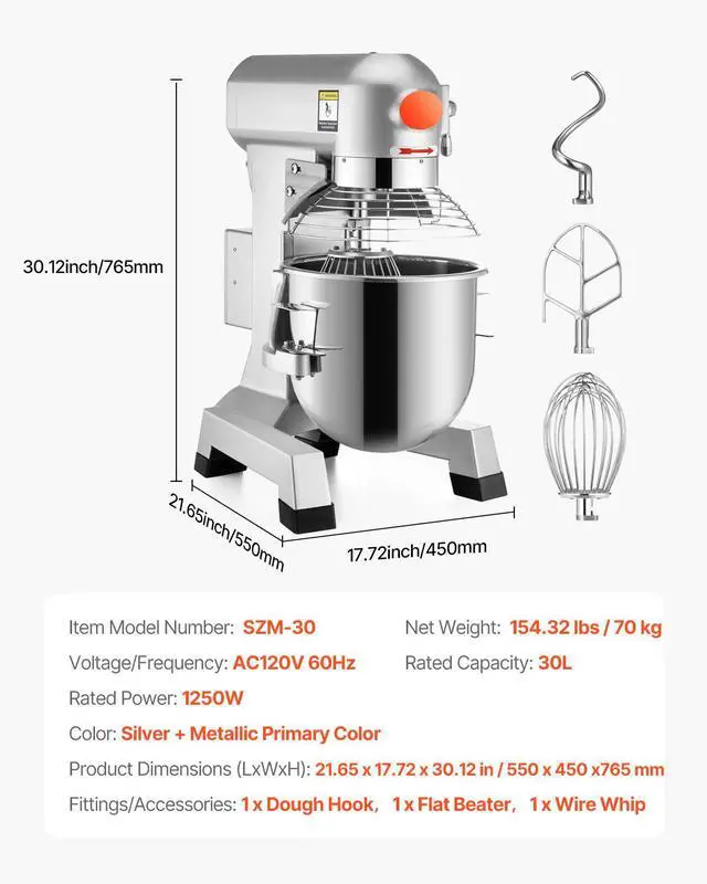 Alt view image 7 of 7 - Commercial Food Mixer 30Qt 1100W 3 Speeds Adjustable 105/180/408 RPM Heavy Duty 110V with Stainless Steel Bowl Dough Hooks Whisk Beater for Schools Bakeries Restaurants Pizzerias
