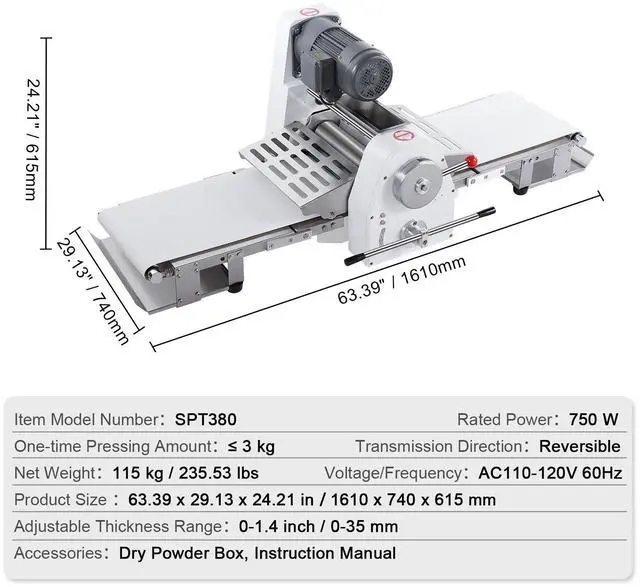 Alt view image 7 of 7 - Commercial Dough Sheeter Machine, 15.7-Inch Reversible Puff Pastry Sheeter and Fondant Roller, Electric Dough Roller 0-1.4" Adjustable Thickness, Folding Dough Sheeter for Bakeries, Pastries
