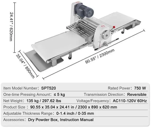 Alt view image 7 of 7 - Commercial Dough Sheeter Machine, 19.7-Inch Reversible Puff Pastry Sheeter and Fondant Roller, Electric Dough Roller 0-1.4" Adjustable Thickness, Folding Dough Sheeter for Bakeries, Pastries