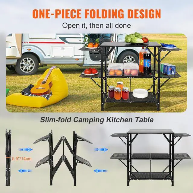 Alt view image 12 of 15 - VEVOR Camping Kitchen Table, One-piece Folding Portable Cook Station with A Carrying Bag, Aluminum Camping Table 4 Iron Side Tables & 2 Shelves, Ideal for Outdoor Picnics, BBQs, Camping, RV Traveling