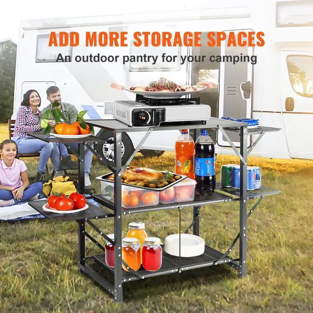 Alt view image 10 of 15 - VEVOR Camping Kitchen Table, One-piece Folding Portable Cook Station with A Carrying Bag, Aluminum Camping Table 4 Iron Side Tables & 2 Shelves, Ideal for Outdoor Picnics, BBQs, Camping, RV Traveling
