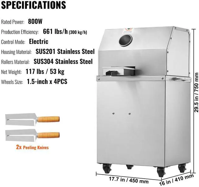 Alt view image 14 of 14 - VEVOR Electric Sugar Cane Juicer, 800W Sugarcane Juicer Machine with 661LBS/H High Output, 3 Stainless Steel Rollers, 2.4" Large Inlet, Sugarcane Juice Extractor Squeezer on Wheels for Home/Commercial