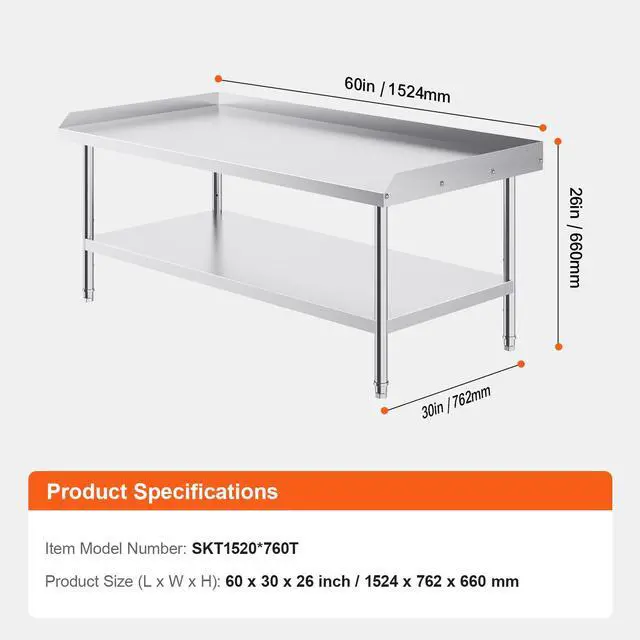 Alt view image 14 of 14 - VEVOR  Stainless Steel Work Table, 30 x 60 x 26 Inch Commercial Food Prep Worktable, 3-Sided Backsplash Heavy Duty Prep Worktable, Metal Work Table with Adjustable Height for Restaurant Home Hotel