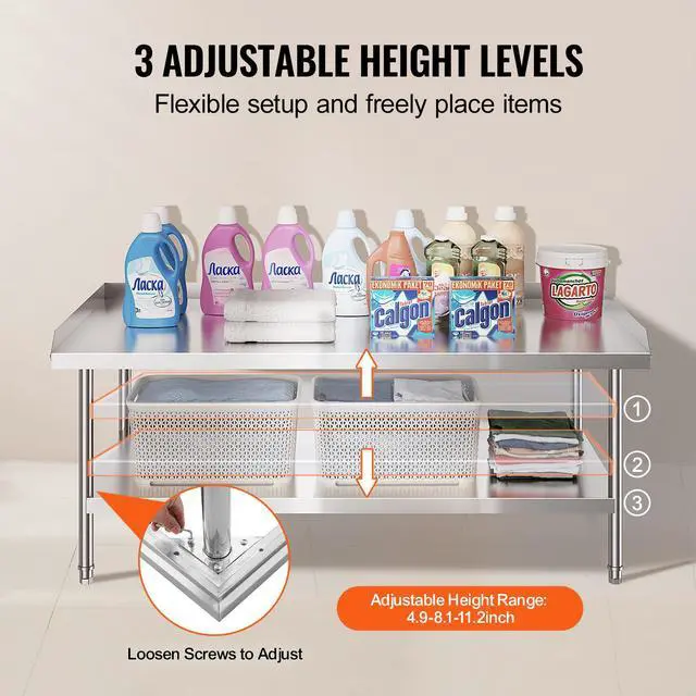 Alt view image 12 of 14 - VEVOR  Stainless Steel Work Table, 30 x 60 x 26 Inch Commercial Food Prep Worktable, 3-Sided Backsplash Heavy Duty Prep Worktable, Metal Work Table with Adjustable Height for Restaurant Home Hotel