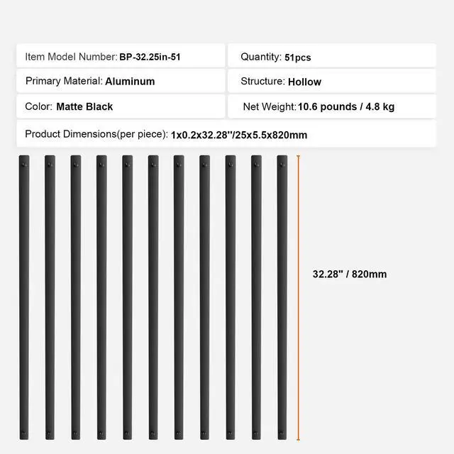 Alt view image 9 of 9 - VEVOR Staircase Metal Balusters, 32.28'' x 1'' Flat Aluminum Alloy Decorative Banister Spindles, 51 Pack Deck Baluster with Screws, Classic Hollow Deck Railing Satin Black Powder Coated for Porch