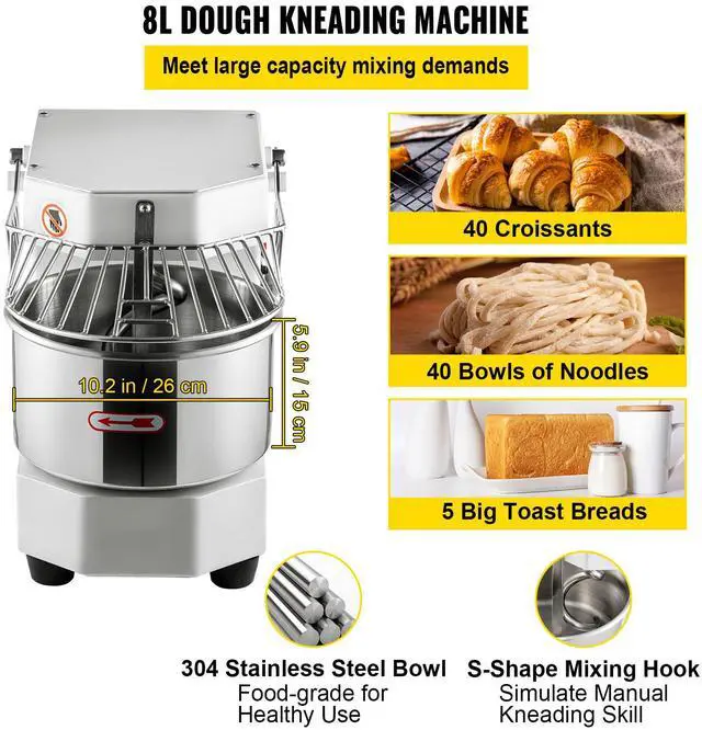 Alt view image 8 of 12 - VEVOR Commercial Food Mixer, 7.3Qt Capacity, 450W Dual Rotating Dough Kneading Machine with Food-grade Stainless Steel Bowl, Security Shield & Timer Included, Baking Equipment for Restaurant Pizzeria