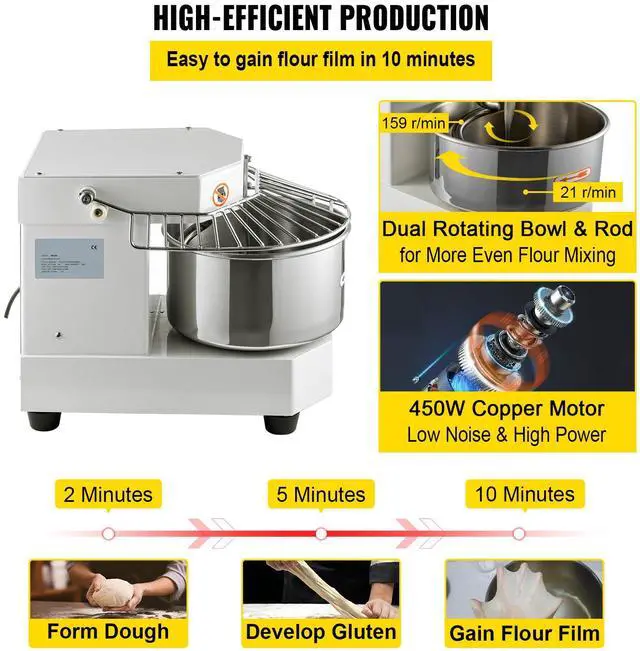Alt view image 9 of 12 - VEVOR Commercial Food Mixer, 7.3Qt Capacity, 450W Dual Rotating Dough Kneading Machine with Food-grade Stainless Steel Bowl, Security Shield & Timer Included, Baking Equipment for Restaurant Pizzeria