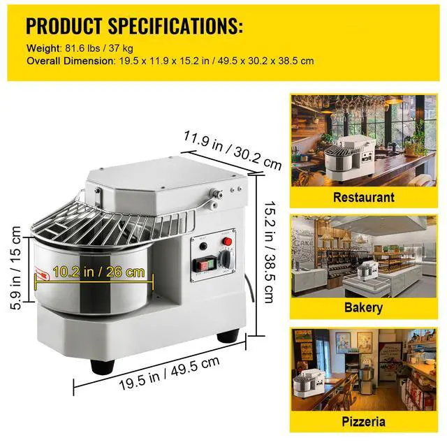 Alt view image 12 of 12 - VEVOR Commercial Food Mixer, 7.3Qt Capacity, 450W Dual Rotating Dough Kneading Machine with Food-grade Stainless Steel Bowl, Security Shield & Timer Included, Baking Equipment for Restaurant Pizzeria