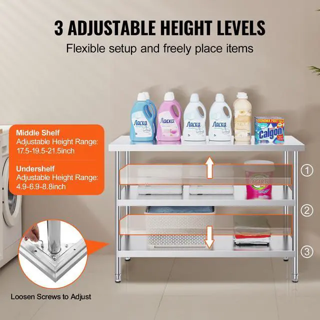 Alt view image 12 of 14 - VEVOR Stainless Steel Food Prep Table, 18 x 48 x 34 Inch Commercial Kitchen Worktable, with 2 Adjustable Undershelf, Heavy Duty Prep Table Metal Work Table for BBQ, Kitchen, Home, and Garage