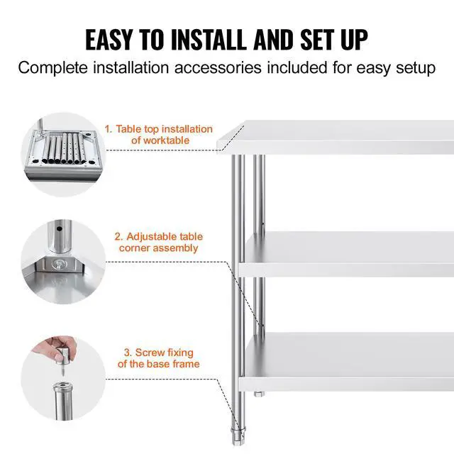 Alt view image 13 of 14 - VEVOR Stainless Steel Food Prep Table, 18 x 48 x 34 Inch Commercial Kitchen Worktable, with 2 Adjustable Undershelf, Heavy Duty Prep Table Metal Work Table for BBQ, Kitchen, Home, and Garage
